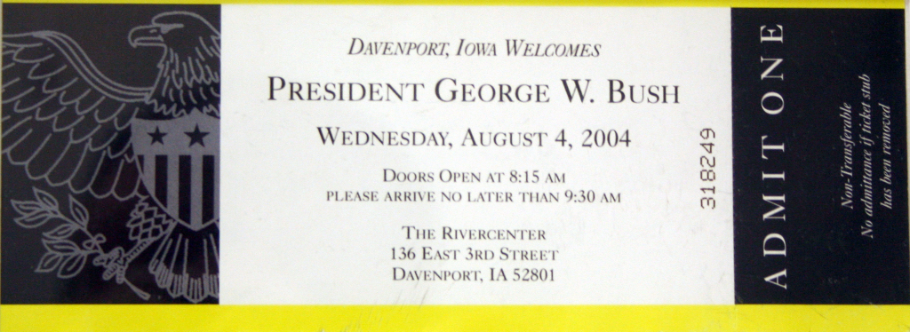 President George W Bush ticket stub Davenport IA