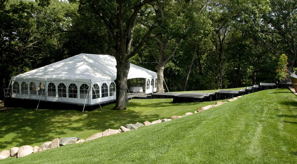 Level Tent On Stage For Backyard Wedding With Stepped Walkway