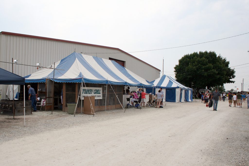 20' x 40' (left) and 20' x 30' (right) blue and white tents
