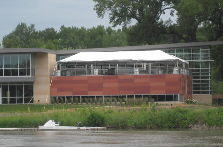Our 20' x 60' frame tent set-up on the balcony of the Sue Beckwith Boathouse.