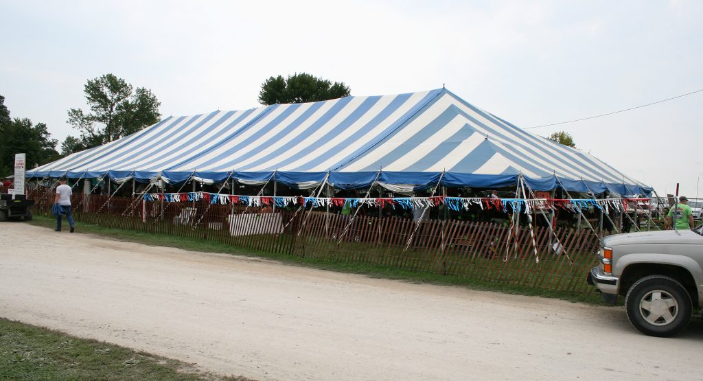 40' x 100' blue and white gala rope and pole tent