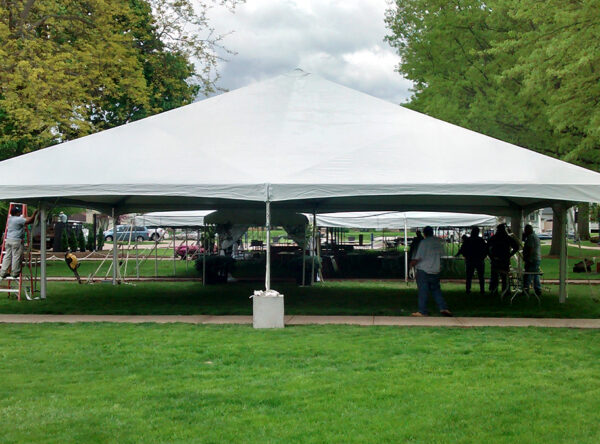 40' x 40' Hybrid event tent without side walls installed at the 2014 graduation at Saint Ambrose University.