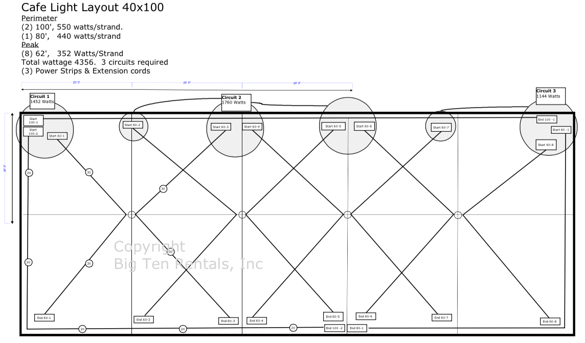 Café lights layout diagram for a 40x100 rope and pole tent