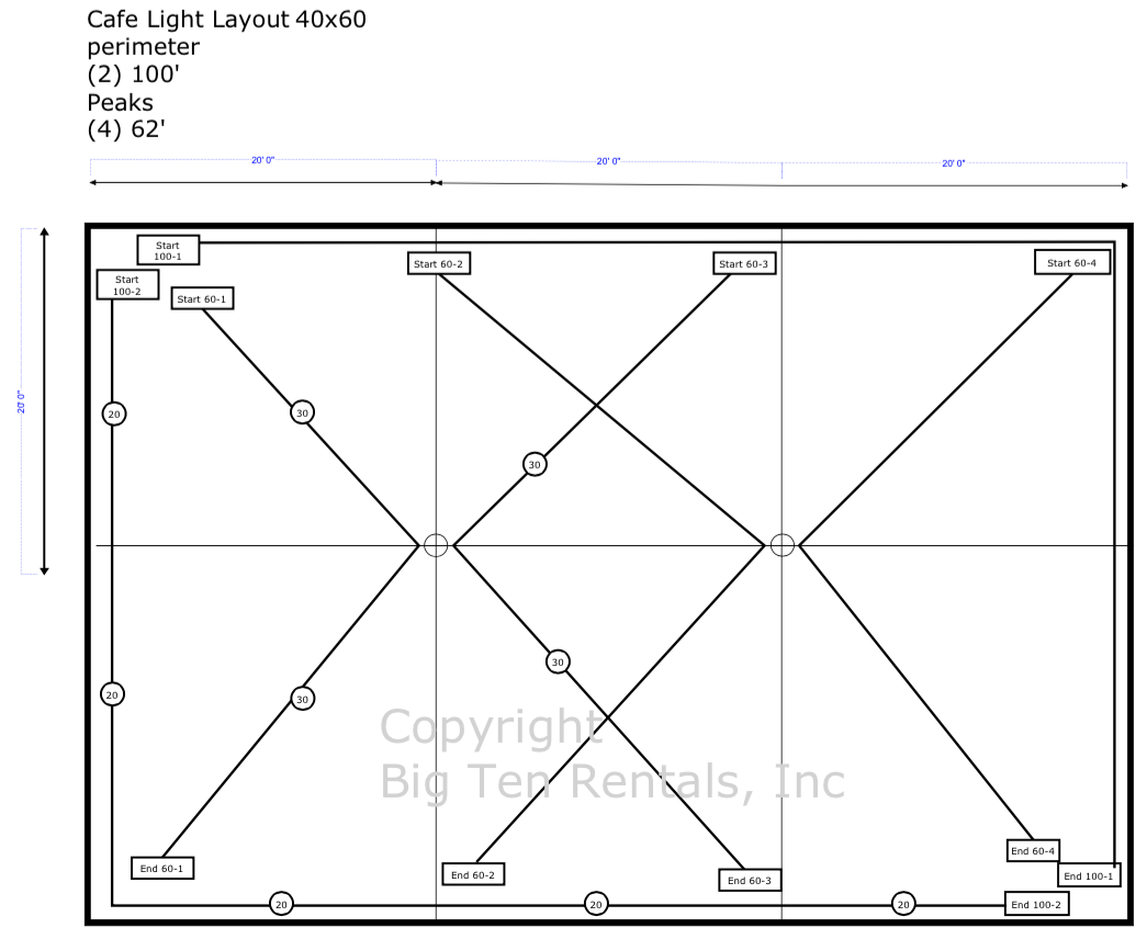 Café lights layout diagram for a 40x60 rope and pole tent