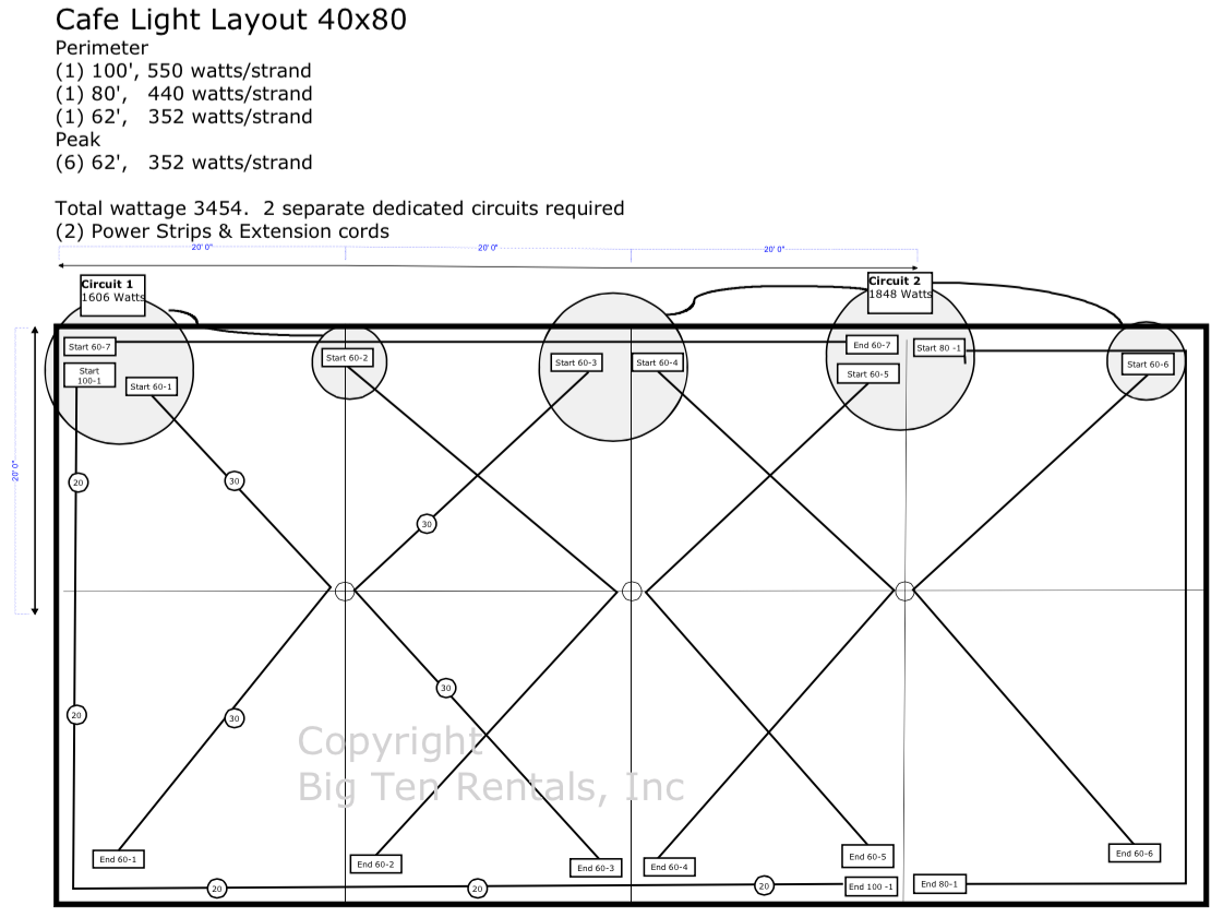 Café lights layout diagram for a 40x80 rope and pole tent
