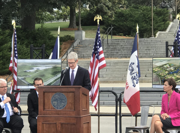 Tim Cook of Apple INC in Waukee, Iowa talks about data centers. Stage, flags, chairs, stanchions, .etc by Big Ten Rentals Tim Cook of Apple INC in Waukee, Iowa talks about data centers. Stage, flags, chairs, stanchions, .etc by Big Ten Rentals