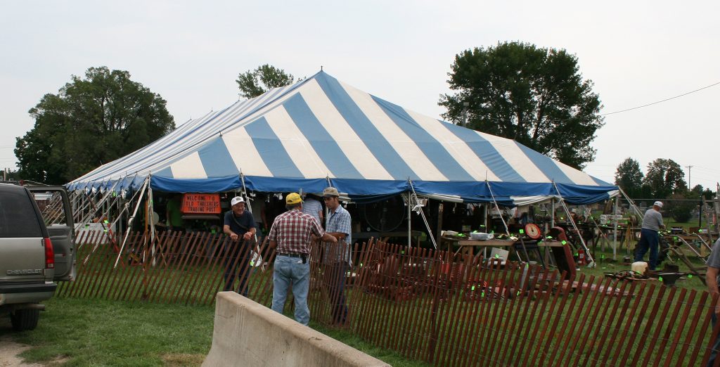 End of the 40' x 100' blue and white gala rope and pole tent