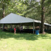 3/4 view 40' x 60' Losberger temporary structure setup in the Upper City Park in Iowa City, IA.