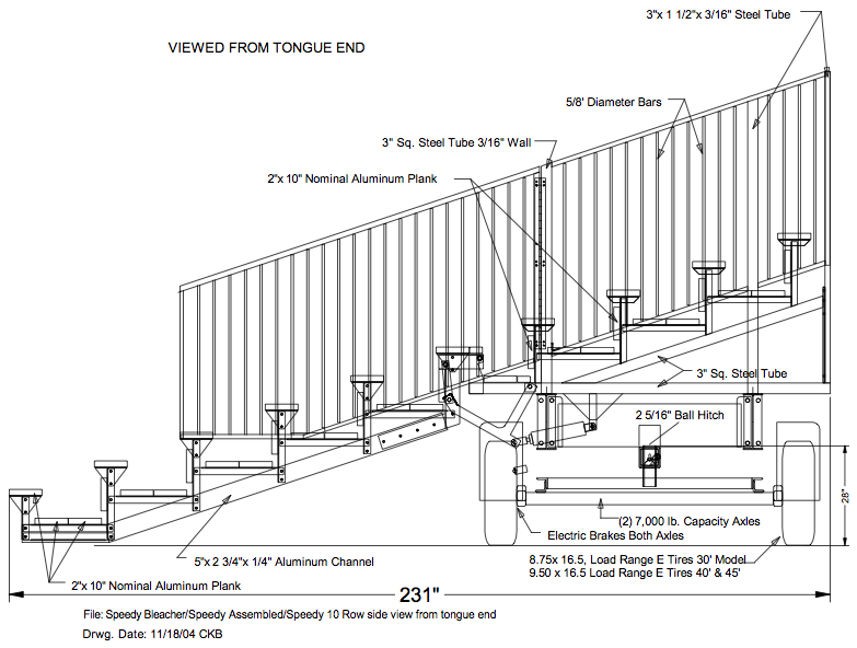 Profile view of Speedy 10 row towable hydraulic bleachers.