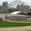 3/4 view of the 30' x 30' Losberger clearspan tent located at the Simon Estes Amphitheater.
