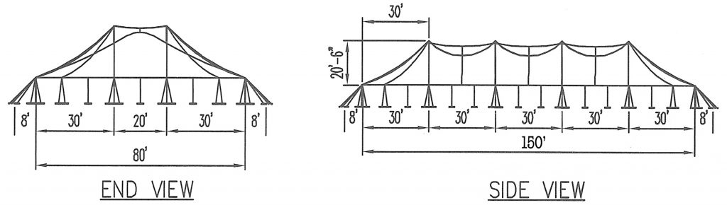 "Twin Pole" 80' x 150' Rope and Pole tent drawing with dimensions.