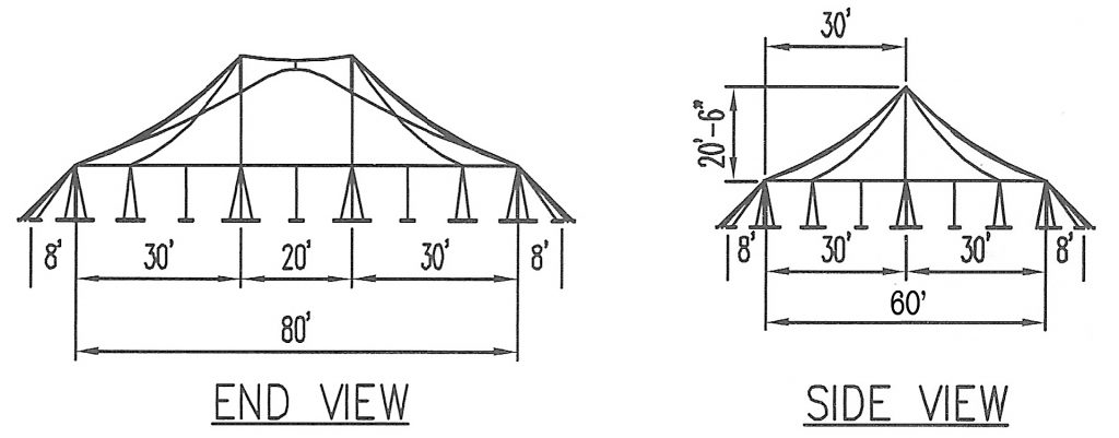 "Twin Pole" 80' x 60' Rope and Pole tent drawing with dimensions.