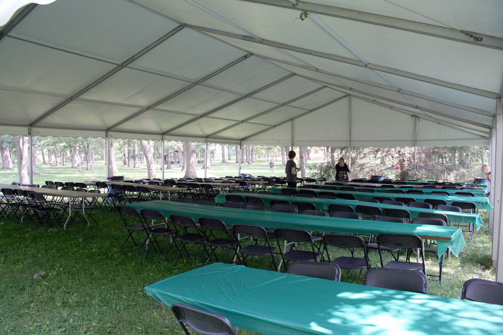 View under the 40' x 60' Losberger temporary structure setup in the Upper City Park in Iowa City, IA.
