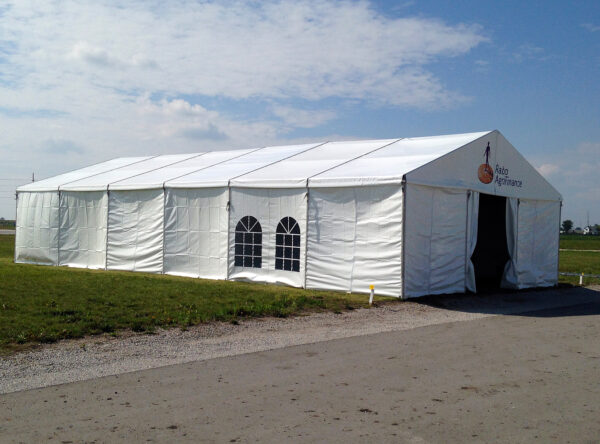 Outside the 30' x 60' (9m x 18m) Losberger clearspan temporary structure/tent.