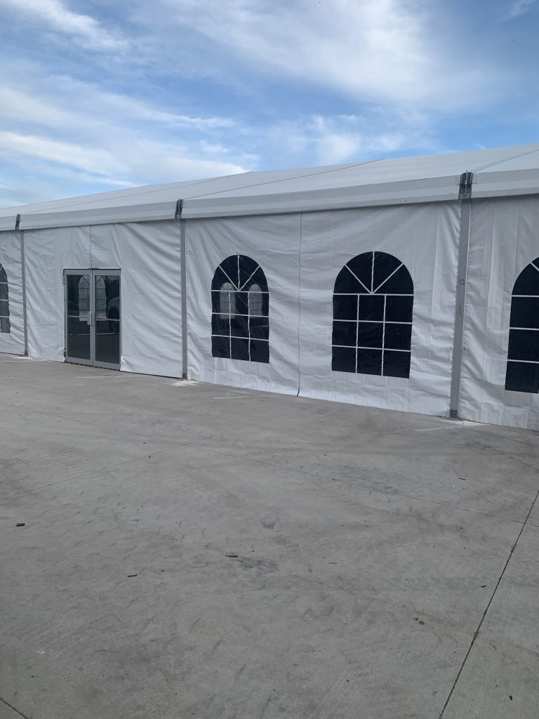 Glass doors on a 60' x 98' Temporary Tent Structure (18m x 30m Losberger Clearspan) Summit Farms Agricultural Group in Hubbard, Iowa
