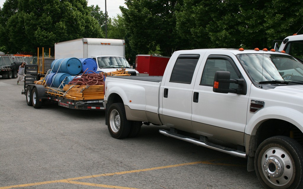 Scaffolding loaded on flatbed trailer headed to the Iowa Arts Festival in Iowa City on June, 5th 2014.