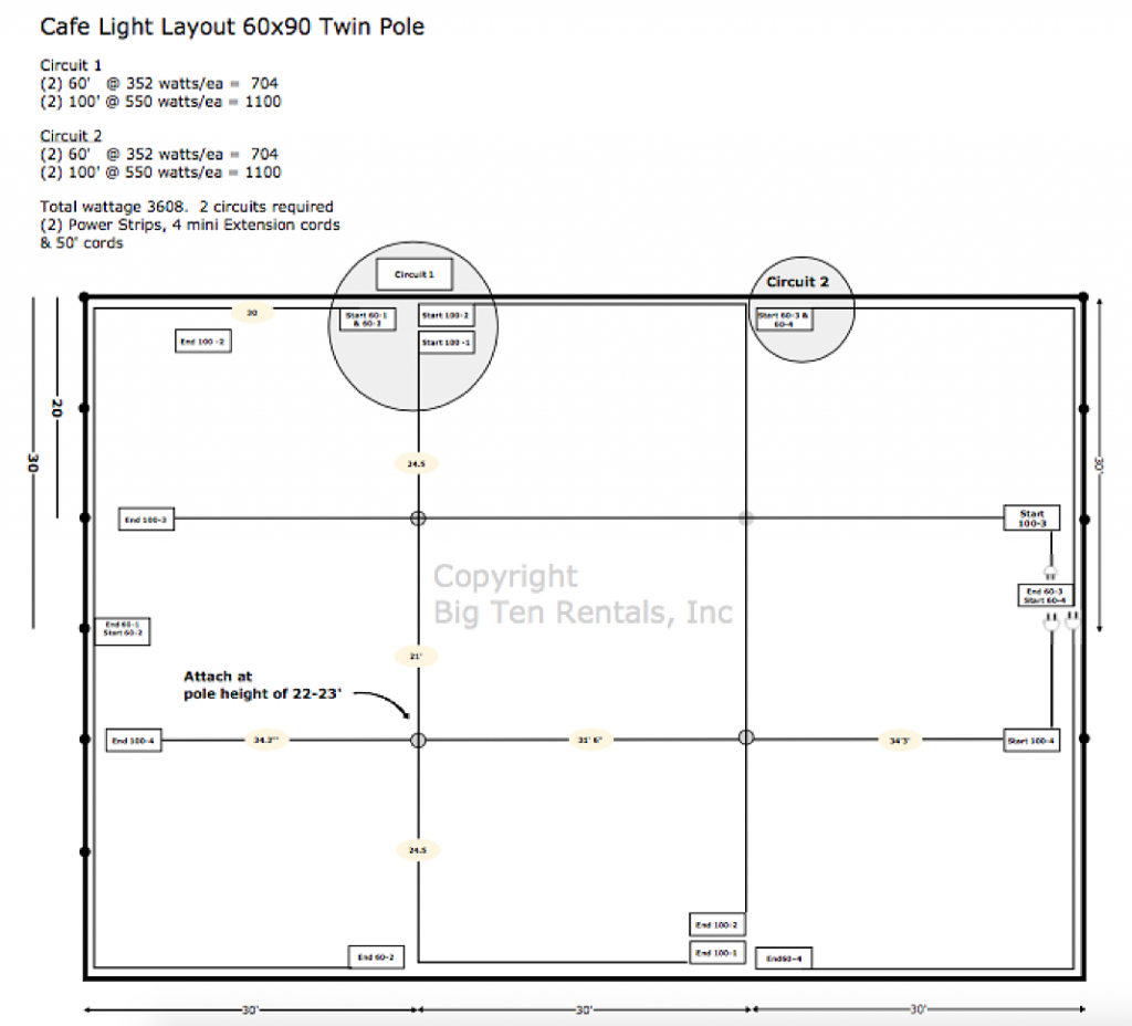 Cafe Light Layout for a 60' x 90' "Twin Pole" rope and pole tent