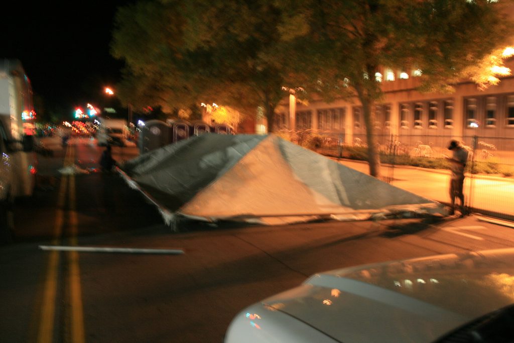 Late night frame tent setup for festival