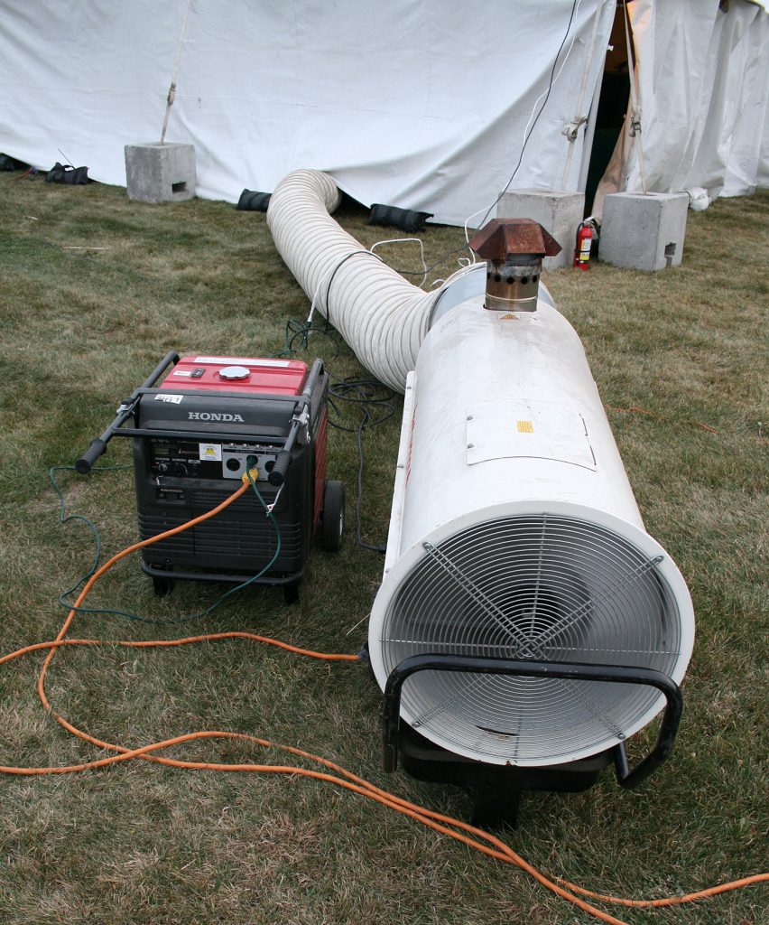 Event tent, 6500 Watt Honda Super-Quiet Generator and 290,000 BTU tent heater.