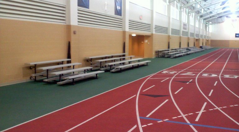 Bleachers delivered for indoor track meet at Grinnell College