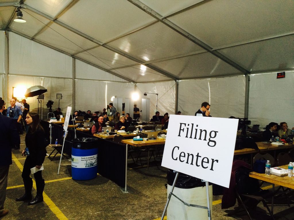 Filing Center for press under clearspan tent at 2015 Iowa Ag Summit