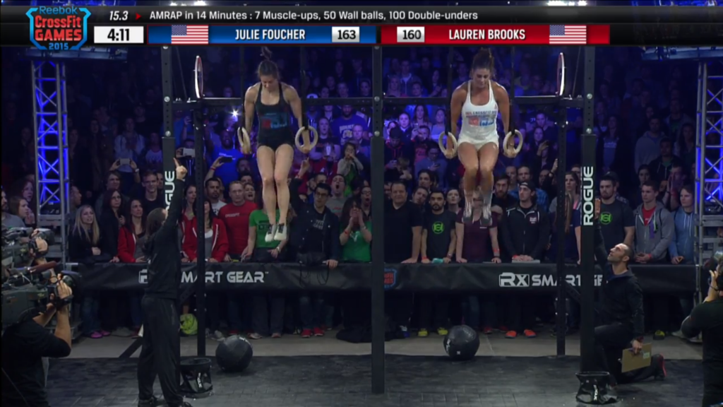 Female competitors doing muscle-ups