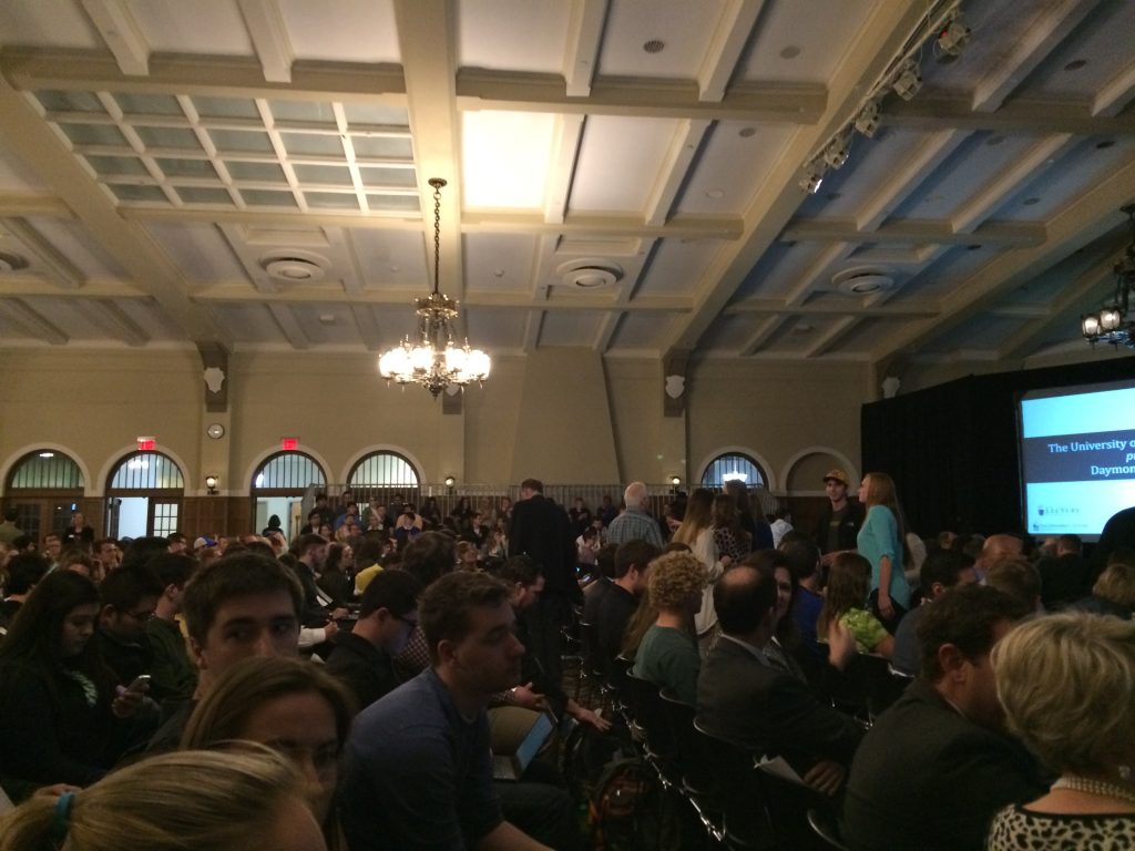 Bleachers with people at Daymond John event at the university of iowa