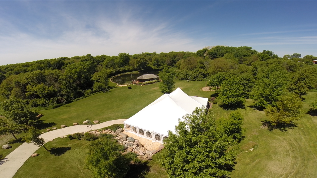 Aerial view of 40' x 60' rope and pole wedding tent at Harvest Preserve