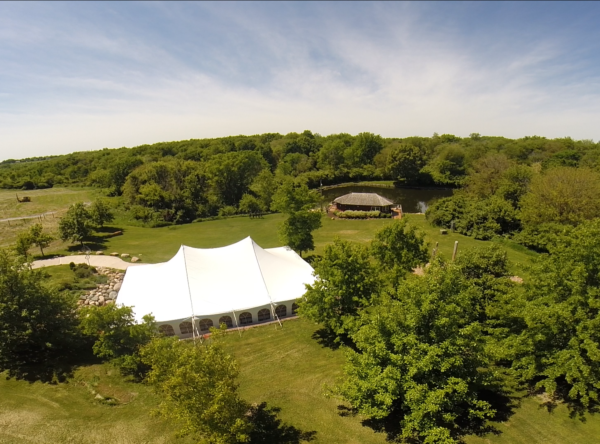 Aerial view of 40' x 60' rope and pole wedding tent at Harvest Preserve