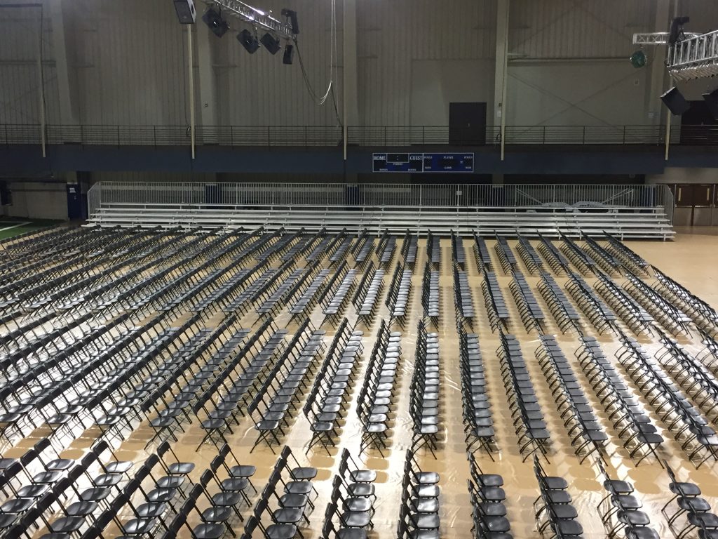 Chairs and bleachers setup for William Penn University Graduation