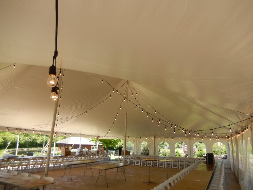 Edison lighting under wedding tent Harvest Preserve