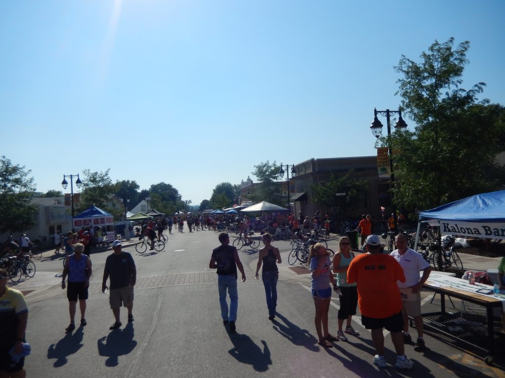 Less crowded street at the far end of the RAGBRAI festival in Solon, Iowa