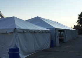 20′ x 40′ frame tent and 40′ x 80′ hybrid tent at Terex corporate event in Waverly, Iowa