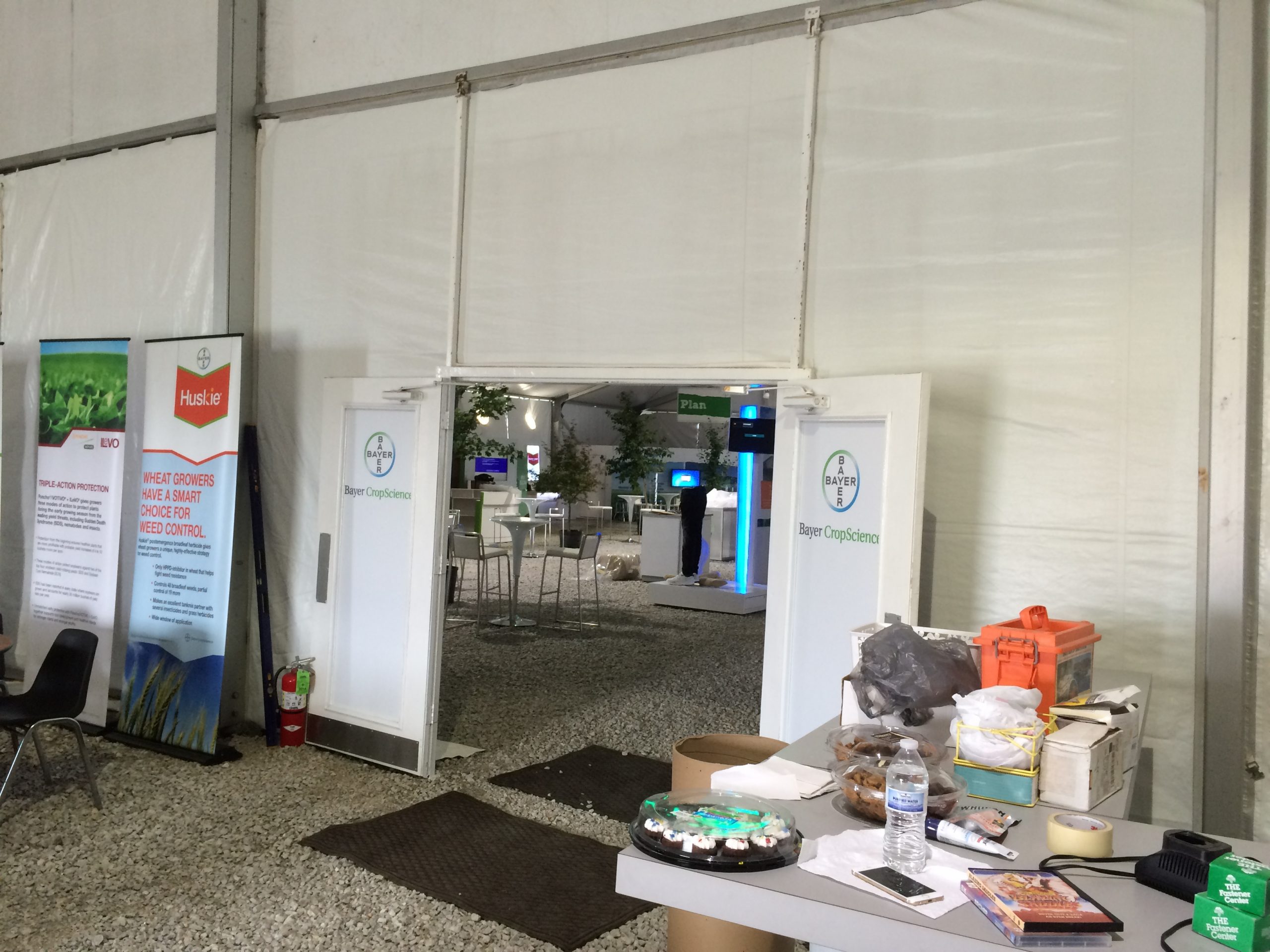 Door inside Bayer Pharmaceutics tent at Farm Progress Show