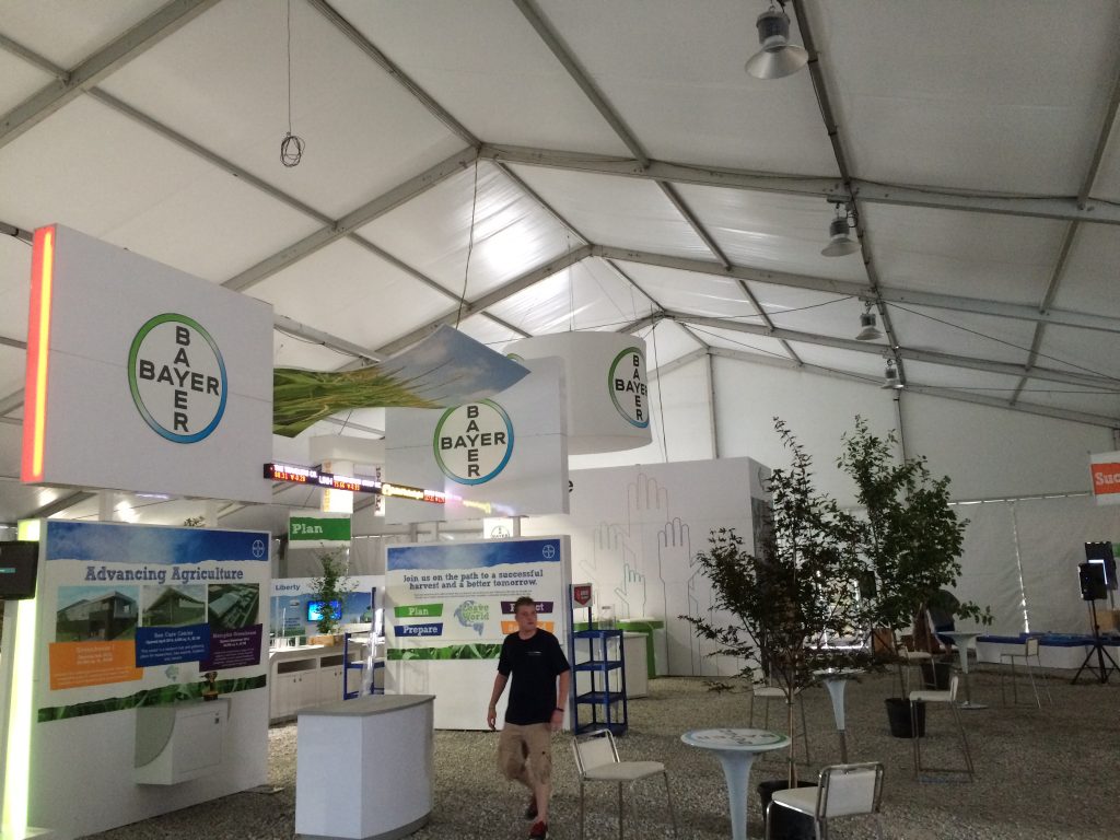 Inside the Bayer Pharmaceutics 100′ x 131′ Losberger made clearspan tent at Farm Progress Show
