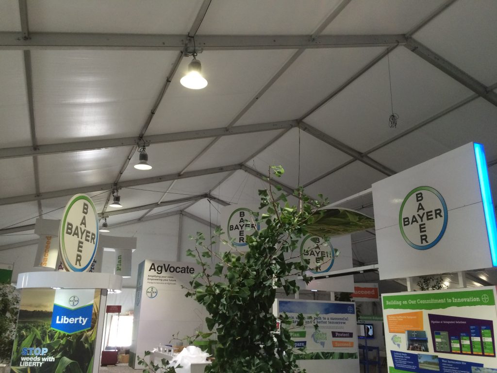 Inside the Bayer Pharmaceutics 100′ x 131′ Losberger made clearspan tent at Farm Progress Show