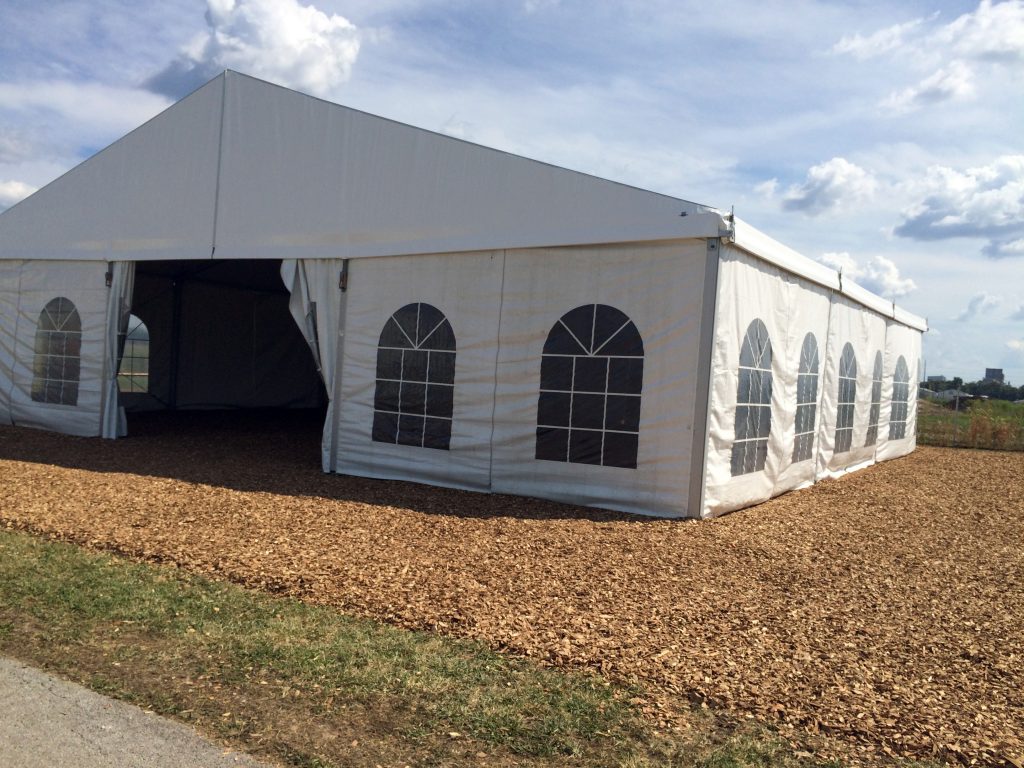 Outside corner of 50' x 50' clear span tent