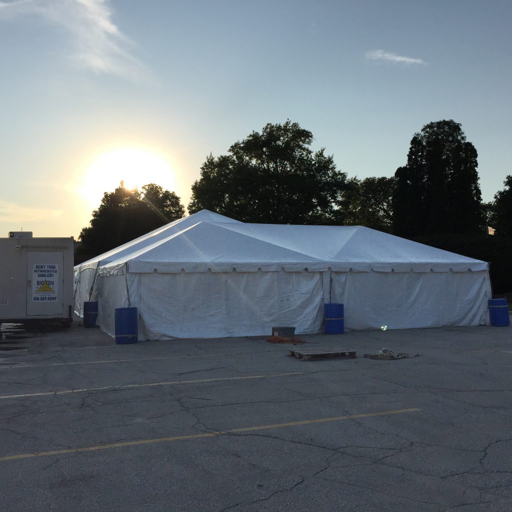 Refrigerated trailer, 20' x 40' frame tent and 40' x 80' hybrid tent at Terex corporate event in Waverly, Iowa