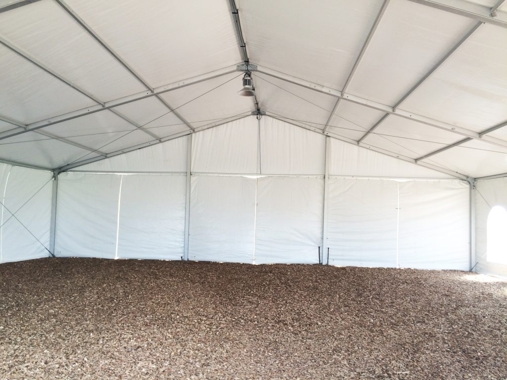 Under 50' x 50' clear span tent with high-bay lighting