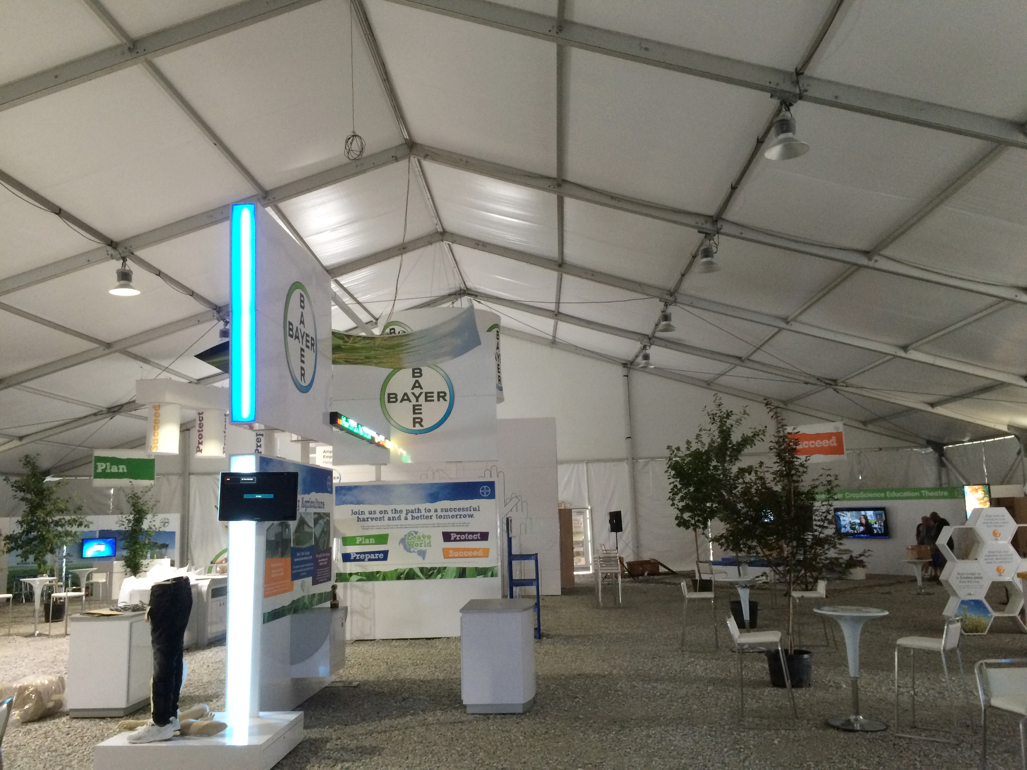 View of the inside the Bayer Pharmaceutics 100′ x 131′ clearspan tent at Farm Progress Show