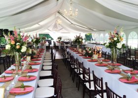 Wedding reception tent with sheer drape tables and chairs