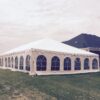 Back of 30' x 60 frame tent in side yard for wedding reception in Dubuque, Iowa in side yard