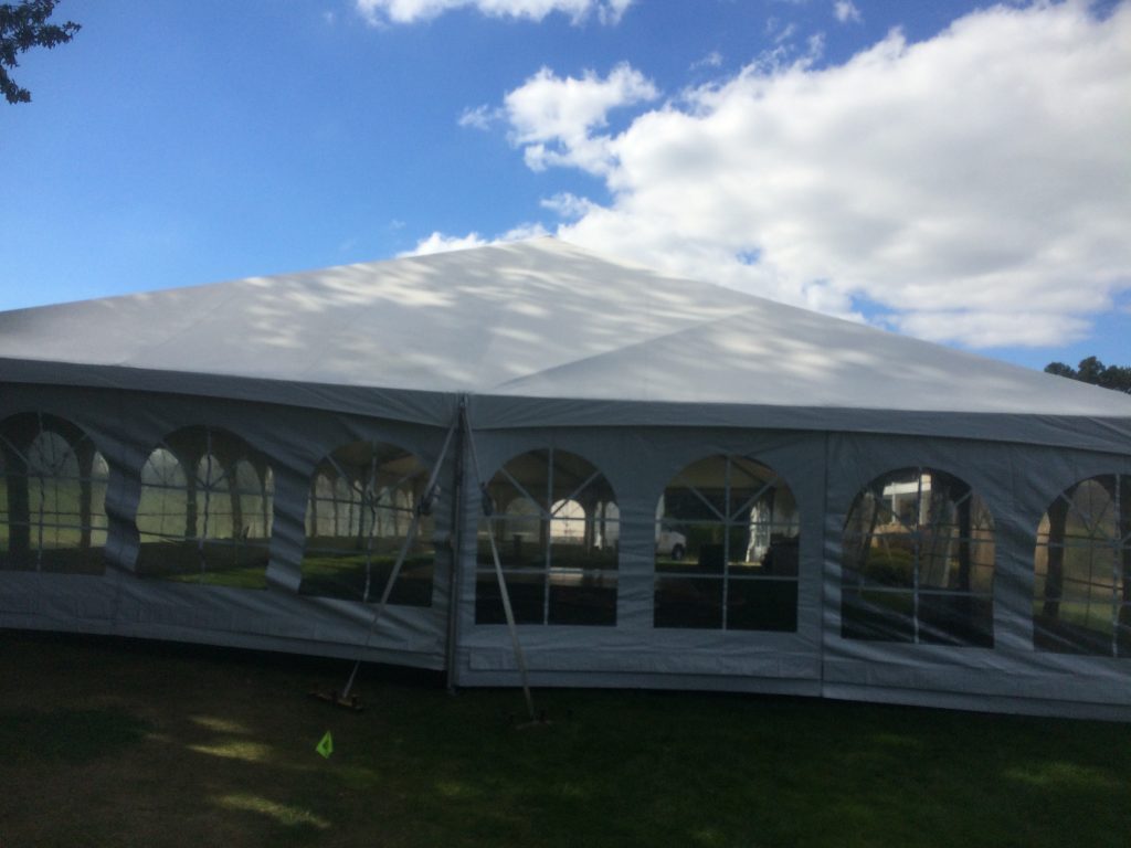 Looking into 40' x 80' wedding reception tent at Oakwood Country Club golf course in Coal Valley, Illinois