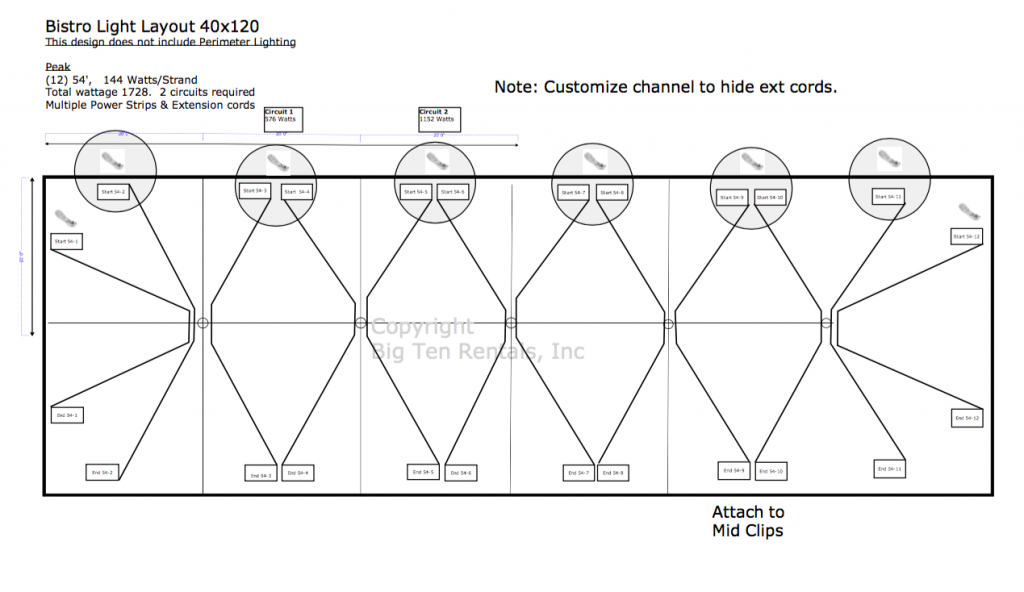 Bistro Light lighting diagram used under 40' x 120' Hybrid tent