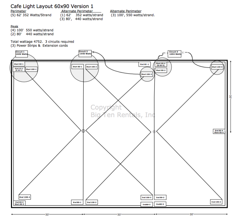 Cafe Light Layout for a 60' x 90' Rope and Pole tent: Version 1