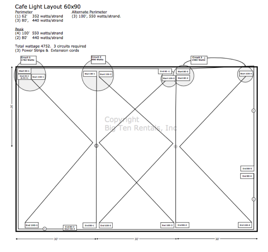 Cafe Light Layout 60' x 90' Rope and Pole tent