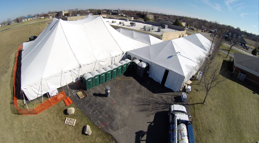 Aerial photography of tents at Kelly's Irish Pub & Eatery in Davenport, IA