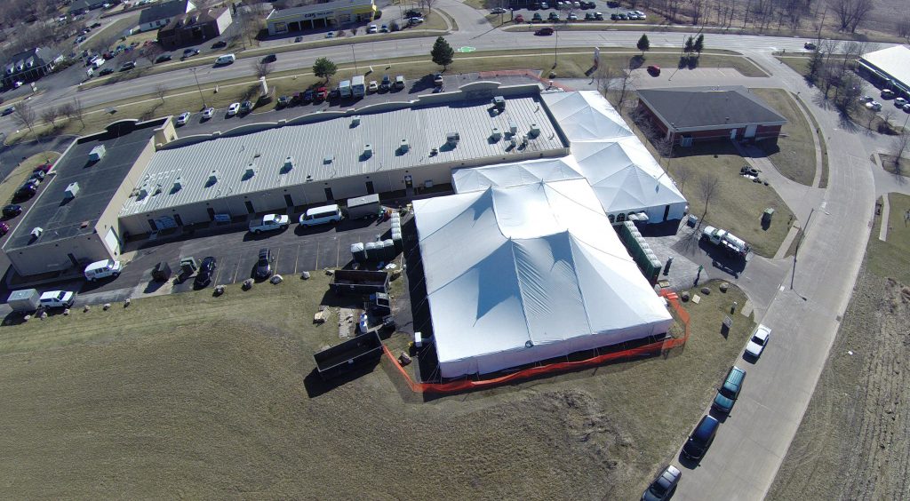Aerial photography of tents at the back of Kelly's Irish Pub & Eatery in Davenport, IA
