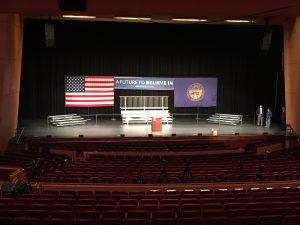 Last minute political event setup in Lincoln Nebraska for Bernie Sanders