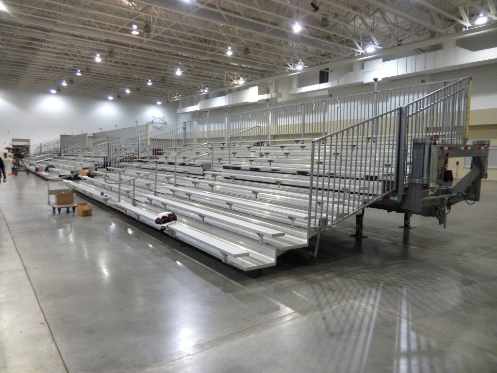 Line of towable fold down bleachers at Marriott Hotel Coralville, IA